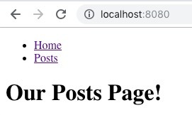 browser screenshot showing localhost and the 'Our Posts Page!' text