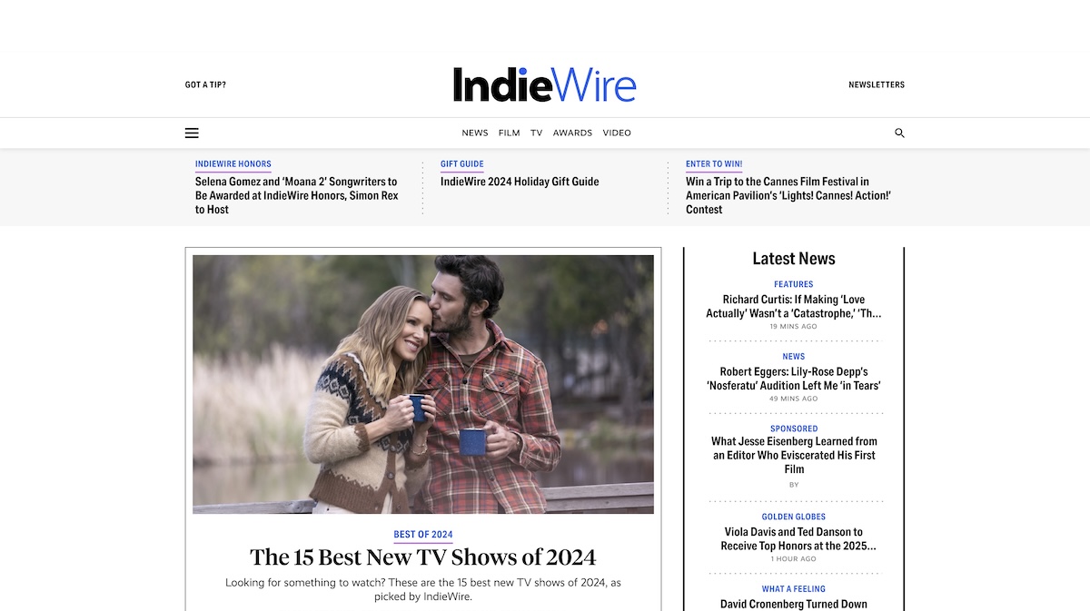 Indiewire Homepage.